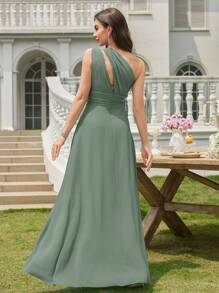 Volly Toych 桉树色A字单肩镂空褶皱雪纺优雅长款正式伴娘礼服，婚礼宾客礼服 - 青碧色 - 查看 3