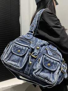 Túi xách nữ phong cách đường phố punk retro, túi đeo vai cỡ lớn kiểu biker Y2K, túi da giả cao cấp dành cho người đi làm trong thành phố, dây đeo chéo có thể tháo rời, phù hợp cho sử dụng hàng ngày và các buổi tụ họp, món quà hoàn hảo cho kỳ nghỉ. - Màu xanh lam - Xem 3
