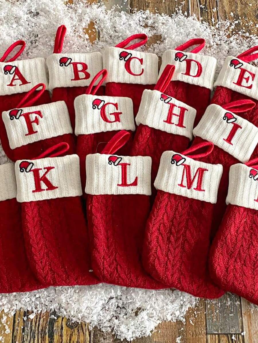 1pc Knit Monogram Stockings, Stockings Small Xmas English Letters Hanging Stockings Socks Double Sided Fireplace Hanging Stockings For Party Decoration New Year Party Gift Favors Supplies,Personalized Initial Stocking, Family Holiday Xmas Party Decor Birthday,Christmas Decor - Multicolor - View 1
