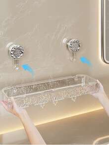 1 Piece Drill-Free Bathroom Shelf, A Large-Capacity Storage Shelf With Hooks, Wall-Mounted Via Suction Cup Installation, And Featuring Drainage Holes. It Serves As An Essential Item For Summer Bathrooms, Back-To-School Supplies, And Bathroom Decoration, Suitable For Bathrooms, Kitchens, And School Dormitories.