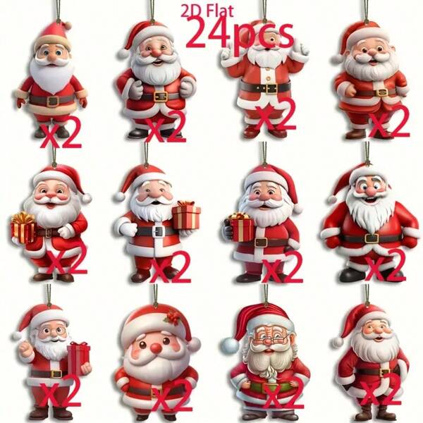 12pcs/24pcs Santa Claus 2D Flat Wooden Decorations Set, Suitable For Christmas Tree And Holiday Home Decor, Indoor Celebration Accessories, New Year Decoration, Christmas & New Year Gift For Friends, Family