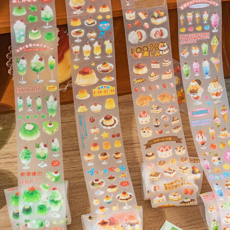 1卷/袋胶带、甜茶店系列、复古闪光砂PET模切胶带、剪贴簿用品、笔记本配件、装饰相框、电脑和手机壳、水杯、旧杂志、铅笔盒、桌面装饰贴纸、返校贴纸、学校用品