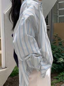 女士全新条纹衬衫休闲翻领长袖衬衫 - 藍色 - 查看 3