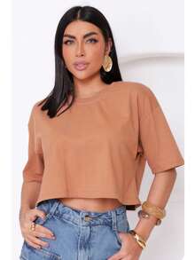 Women's Basic Cropped T-Shirt In Plain Cotton Knit - màu nâu - Xem 1