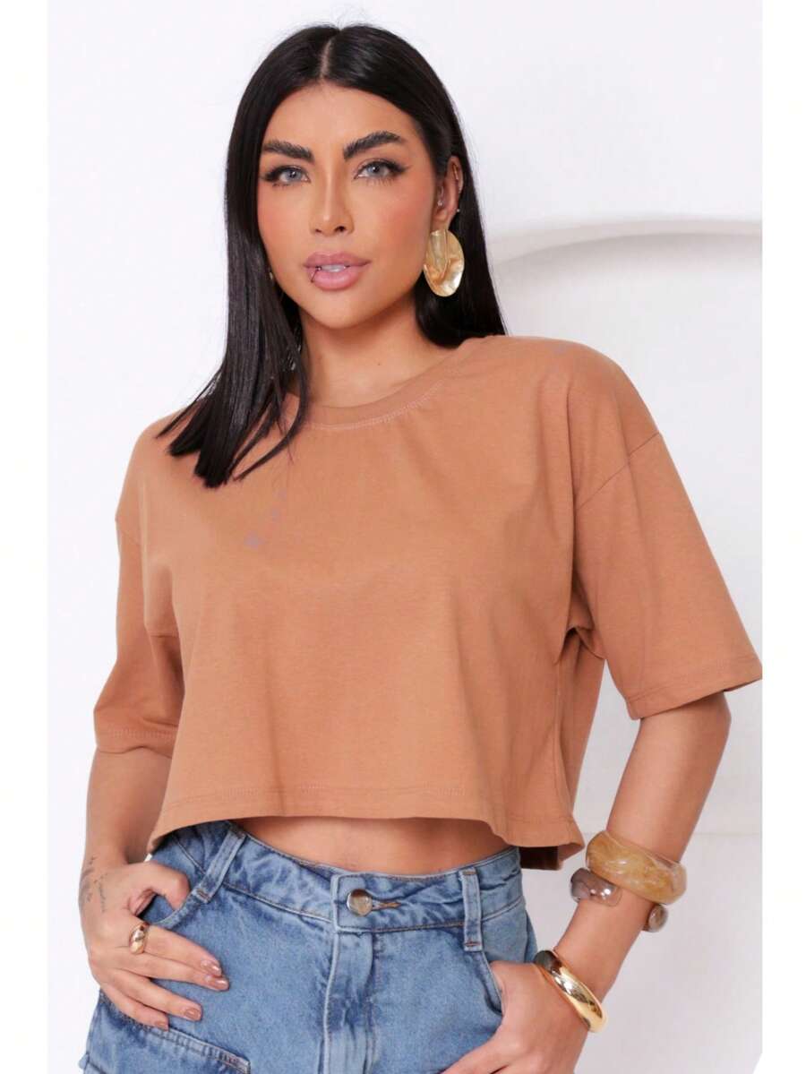 Women's Basic Cropped T-Shirt In Plain Cotton Knit - màu nâu - Xem 1