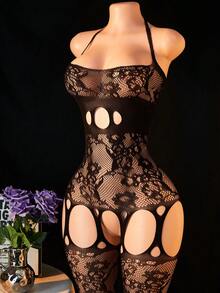 1pc Women's Sexy Mesh Bodystocking, Lace Jumpsuit - Black - View 3