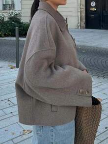 1 Peça Jaqueta Feminina Vintage Solta e Casual com Gola Virada, Manga Longa e Abotoamento Simples em Mistura de Lã, Outono/Inverno