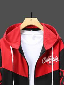 Conjunto de chaqueta y pantalones casuales y versátiles para hombres con parches de colores contrastantes y estampado de letras, ropa de otoño - Rojo - Ver 3