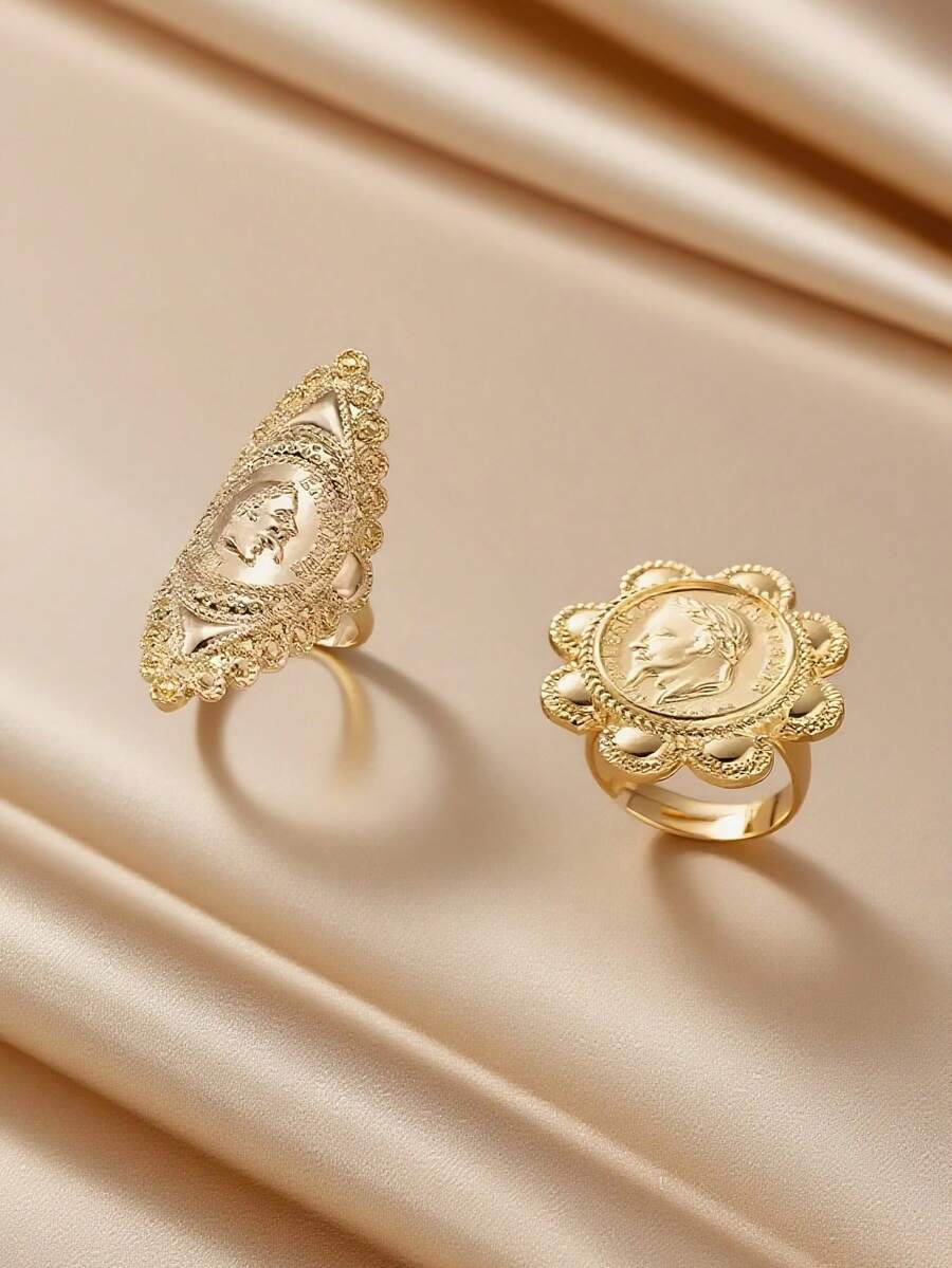 Herseygold 1pc Napoleon Coin Ring, Adjustable Size Flower Ring, European Commemorative Coin Ring, Wedding Gift - Gold - View 1