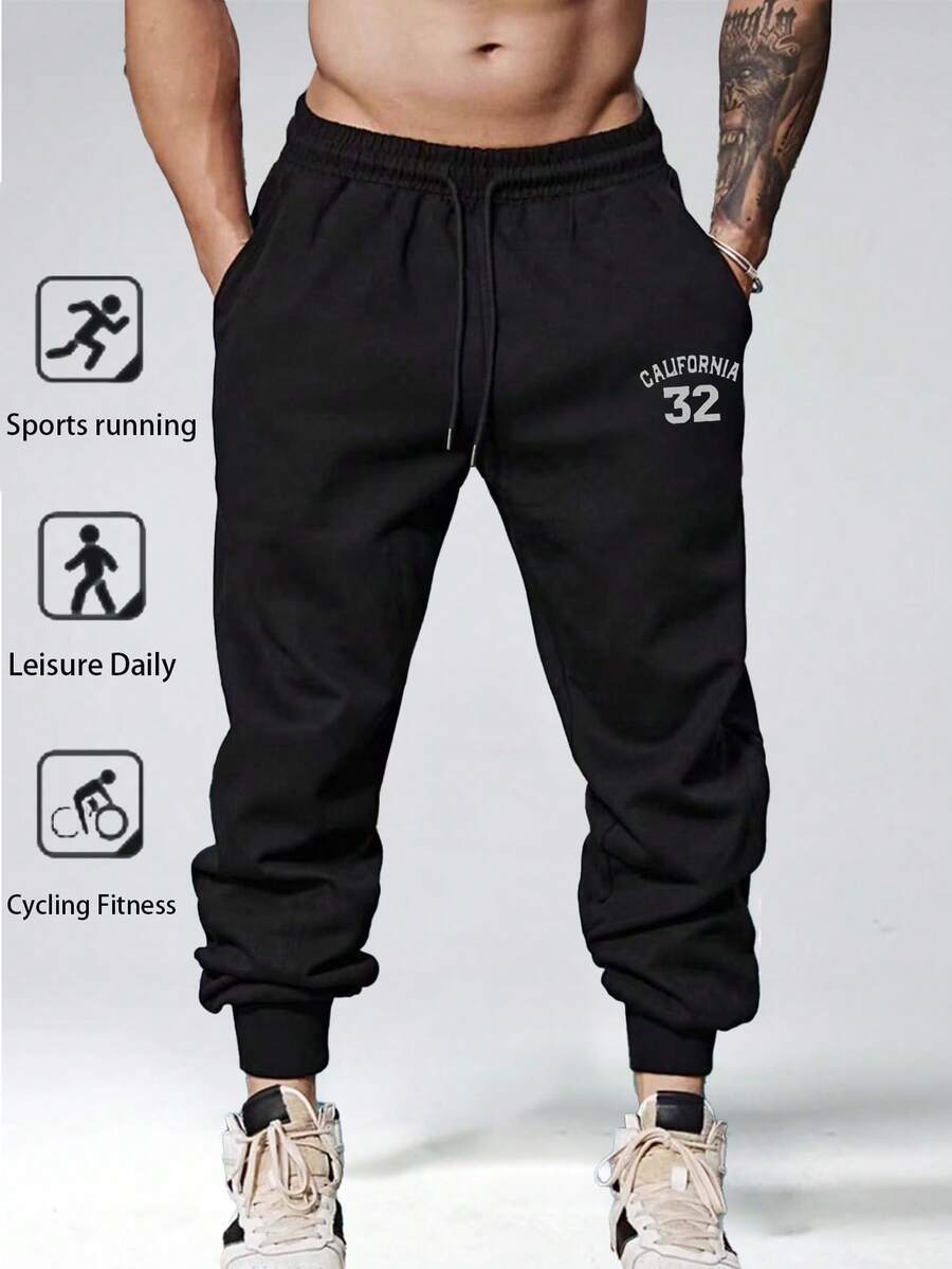 Men's Thin Drawstring Waist Casual Sports Pants, Fashionable For Spring & Autumn Black - Black - View 1