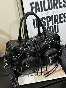 Nueva bolsa de hombro de estilo punk para mujer, hecha de tela impermeable de PU, con diseño de incrustación de remaches y decoración con flecos, de moda y adecuada para el transporte de la mujer, con diseño de compartimentos de gran capacidad y múltiples bolsillos, apta para el transporte, los viajes y las compras como bolso de viaje y vacaciones.