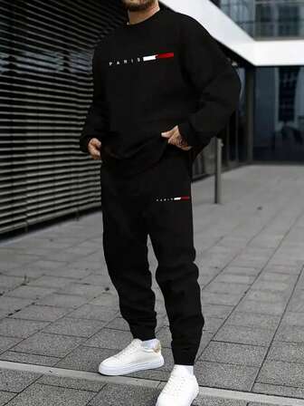 Men's Autumn And Winter Comfortable And Simple Crew Neck Thickened Fleece Sweatshirt Two Pieces Set, Featuring Parisian Style Striped Letter Print, With Adjustable Drawstring Pants, Perfect For Sports Training, Home Leisure, And Street Sports Outfits.