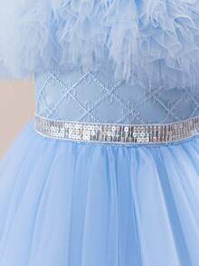 Blue Elegant Sequin Tween Girls' Evening Gown, Off Shoulder Shawl Long Princess Dress For Girls, Children Special Occasion Pale Blue Dress, Little Girl Flower Girl Wedding Birthday Party Formal Recital Piano Recital Sweet Formal Dress, Children Tulle Ruffle Sleeveless Dress