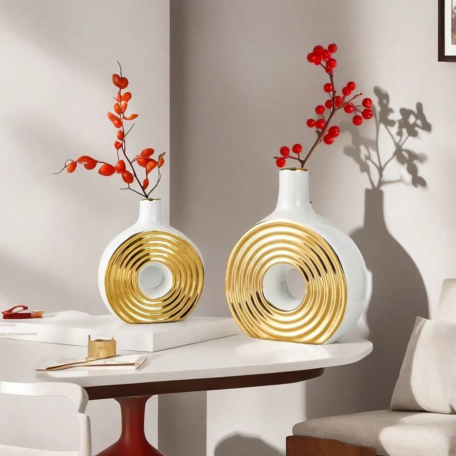 1PC Ceramic Circle Vase, Electroplated Black Gold Vase Creative Home Decoration Ornament, Suitable For Luxury Living Room, Dining Table, Office Desktop Flower Arrangement Vase, Centerpieces, Wedding Decoration Art Platinum Flower Vase Room Decor Glass Vase
