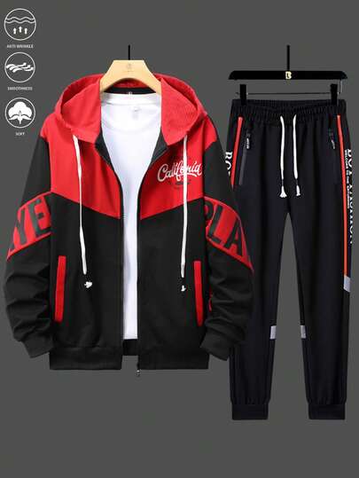 Conjunto de chaqueta y pantalones casuales y versátiles para hombres con parches de colores contrastantes y estampado de letras, ropa de otoño