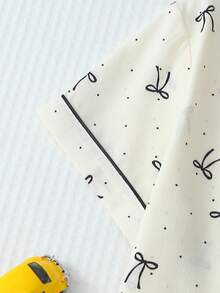 2 件女士舒适迷你波尔卡圆点蝴蝶结印花睡衣套装，翻领纽扣短袖上衣和蝴蝶结短裤，夏季睡衣和家居服 - 白色 - 查看 6