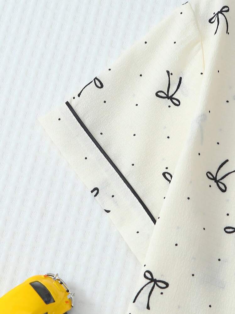 2 peças Conjunto de Pijama Feminino Confortável com Estampa de Bolinhas e Laço, Top com Gola e Botões e Shorts com Laço, Roupa de Dormir e Loungewear de Verão - Branco - Visão 6