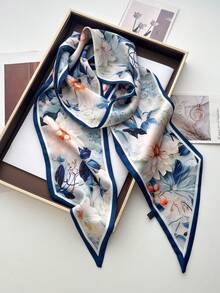 1pc Reversible Horse Chain Print Satin Scarf, Women Dress, Shorts, Belt, Bag, Hat, Ribbon, Waistband - Blue and White - View 2