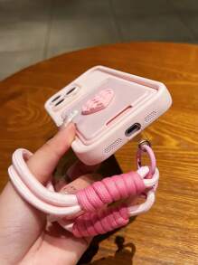 1pc Pink 3D Grid Heart + Card Holder Lanyard Matte Soft Full Coverage Phone Case Compatible With IPhone 11/11 Pro Max/12/12 Pro/12 Pro Max/13/13 Pro/13 Pro Max/14/14 Plus Waterproof Shockproof Anti-Fall Scratch Resistant