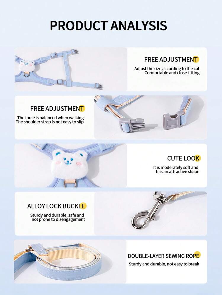 Pet Cat Dog Harness Leash Set, Small Cat Dog Leash Rope, Outdoor Cat Dog Traction Rope, Comfortable & Breathable - Multicolor - View 10