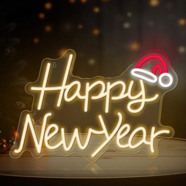 1pc Happy New Year Neon Light, New Year LED Letter Neon Light Wall Decor, 5V USB Powered Dimmable, Home Bedroom Christmas New Year Decoration