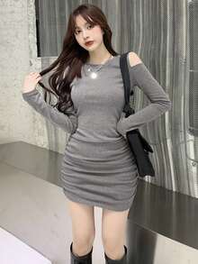 Solid Color Casual Ribbed Ruffle Hem Daily Wear Long Sleeve Mini Dress For Women, Spring/Autumn