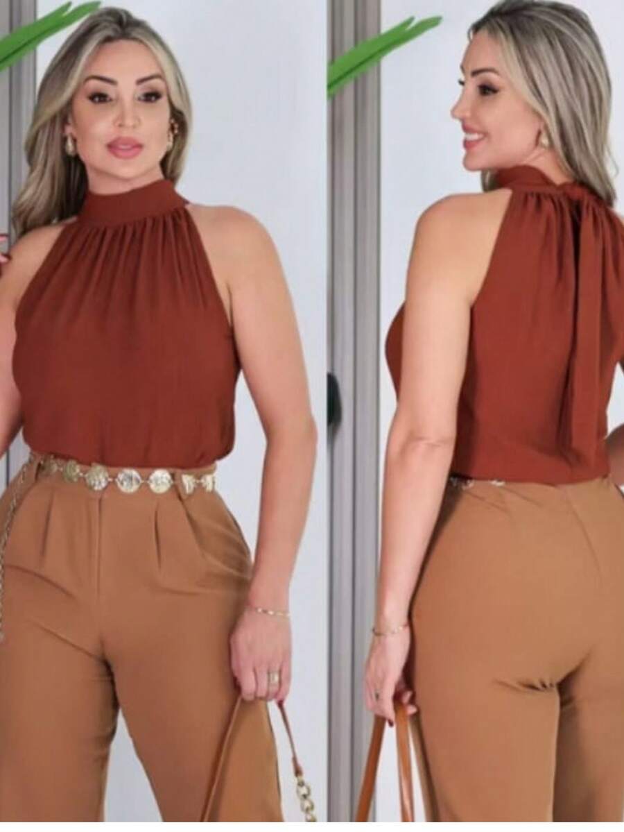 STYLISH WOMEN'S HIGH NECK TIE-UP BLOUSES - Camel - View 1