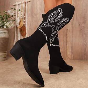 Vintage Western Style Side Zipper Embroidered Chunky Heel Over-The-Knee Boots