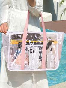 1 pieza Bolso de playa grande y transparente de estilo minimalista, bolso de playa de malla colorido, bolso de tote grande y transparente de PVC, bolso de playa plegable para mujer - transparente - Ver 5