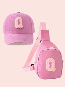 2pcs/Set Girls Pink Letter Graphic Baseball Cap And Bag, Boys Breathable Casual Outfit Suitable For Daily Wear And Outdoor Activities