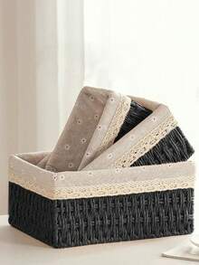 1pc/3pcs Woven Storage Basket, Desktop Covered Storage Basket, Handmade Woven Storage Basket, Desktop Snack Storage Box, Living Room Toy Storage Box, Key And Miscellaneous Storage Basket, Cosmetic Storage Basket, Home Organization And Storage Items For Kitchen, Bathroom, Bedroom, Living Room, Dorm, Office Desk, Home Decor Craft - Black - View 1