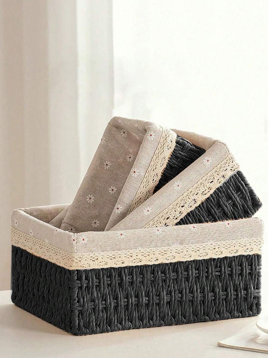 1pc/3pcs Woven Storage Basket, Desktop Covered Storage Basket, Handmade Woven Storage Basket, Desktop Snack Storage Box, Living Room Toy Storage Box, Key And Miscellaneous Storage Basket, Cosmetic Storage Basket, Home Organization And Storage Items For Kitchen, Bathroom, Bedroom, Living Room, Dorm, Office Desk, Home Decor Craft - Black - View 1
