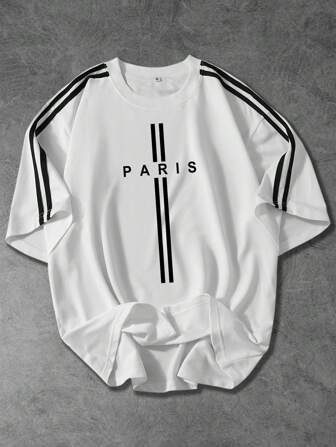 Shwiy 男士简约学院风运动黑胶带印花字母与巴黎条纹图案短袖 T 恤，适合春夏运动、校园、休闲、街头服饰