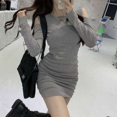 여성용 솔리드 컬러 캐주얼 리브드 러플 헴 데일리 웨어 롱 슬리브 미니 드레스, 봄/가을
