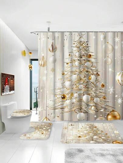 Christmas Tree Digital Print Shower Curtain Set With Hooks - Machine Washable, Waterproof Polyester, Decorative Art Design, Woven Fabric, Suitable For Holiday Home Decor Bathroom Decor