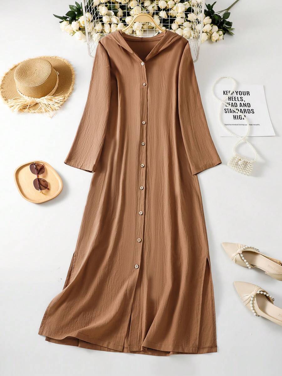 Vestido largo con capucha de manga larga y abotonadura sencilla para uso diario, de estilo casual para mujer