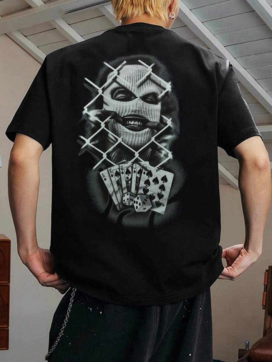 2025 Men New Summer White T-Shirt, Street Casual Poker Print Graphic Tee, Emo, 2000s Style - Black - View 1