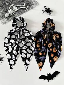 1pc/2pcs Halloween Elements Ghost, Pumpkin Head Print Long Scrunchie, Ponytail Holder Hair Accessories, Suitable For Women Holiday Party Decorations, Bohemian Street Style ,Head Piece