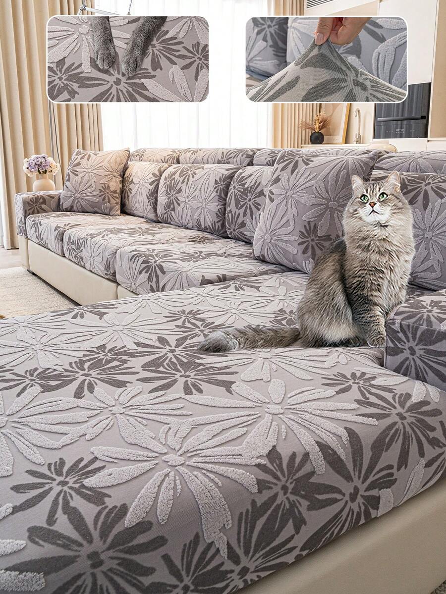 1pc All Season Jacquard Plush Anti-Slip Sofa Cushion Cover, Soft & Skin-Friendly Modern Minimalist Style, Pet-Proof Elastic Sofa Slipcover, Suitable For L-Shaped Combination Sofa And 1/2/3/4 Seat Sofa (Sold Individually) - Grey - View 1
