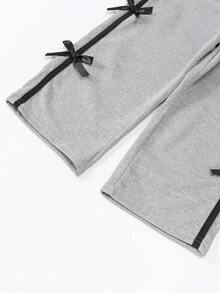 Girls Autumn/Winter Fashion Set, Short Hooded Sweatshirt With Bow Decor & Wide Leg Pants - Grey - View 7