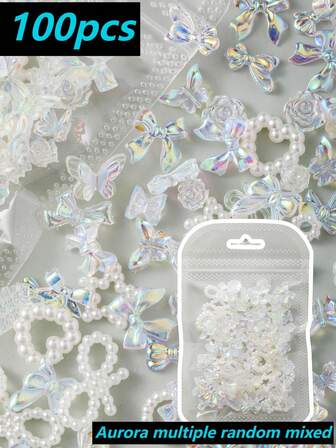 10 pièces/20 pièces/30 pièces/50 pièces/100 pièces Accessoires d'art pour ongles en résine mélangée Aurora Y2K en différentes quantités et styles. Stickers pour ongles, nœuds, French tips, multicolores et mélangés de manière aléatoire. Convient pour le salon de manucure et les loisirs des femmes.