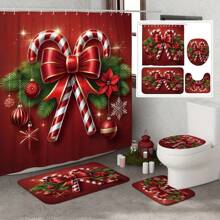 1/4 件圣诞冬季浴室窗帘套装，糖果球蝴蝶结装饰简约红绿色涤纶可洗浴帘，圣诞浴室装饰，带 12 个挂钩防滑浴垫和 U 型马桶座套