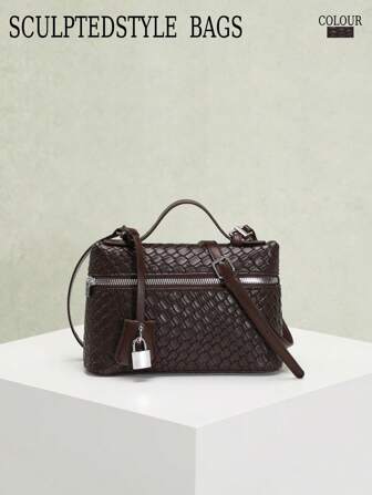 1 pieza Bolso de mano de mujer de alta calidad, bolso de mano pequeño de unicolor con estampado de cuadros de PU repujado, bolso de mano con asa, bolso cruzado versátil, bolso tejido, bolso minimalista de moda elegante y multifuncional de material de PU tejido negro con decoración de cierre de metal, adecuado para ir al trabajo, la oficina, citas, compras diarias, tomar el té por la tarde y otras ocasiones