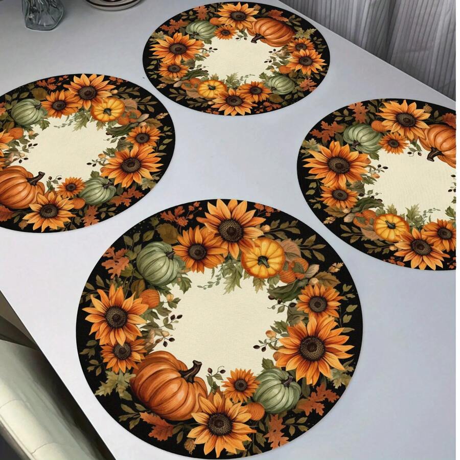 4pcs/6pcs/8pcs Set Pumpkin & Sunflower Wreath Placemats, Thanksgiving Harvest Placemats, Suitable For Party, Kitchen, Dining Table Decor - 15 Inches