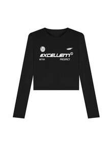 秋冬新款女士小码修身字母印花休闲圆领长袖T恤 - 黑色 - 查看 5