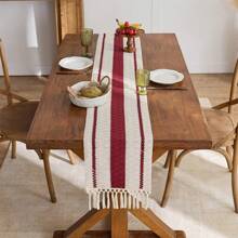 Handwoven Boho Farmhouse Table Runner - Fringed, Suitable For Dining Tables, Round Coffee Tables And Rustic Home Decor, Perfect For Wedding Receptions, Outdoor Parties And Valentine's Day Decorations. Rectangular Design, Fits Home And Dining Room Decor, Can Be Used As Kitchen Dining Table Centerpiece, Decorative Tableware Accessory And Rustic Decor. Beautifully Woven, Durable. - Red - View 8