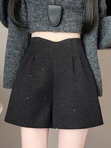星空羊毛混纺高腰A字休闲短裤，闪光喇叭裤 - 黑色 - 查看 3