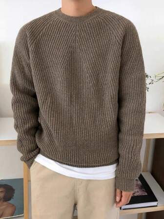 BAI YUE Oversized Solid-Color Casual Commuter Style, Crew Neck Knit Sweater Men's Base Layer Sweater, Christmas, New Year Attire, Long Sleeve Top