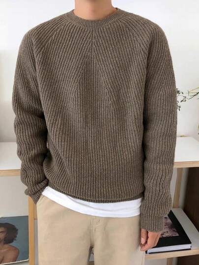 BAI YUE Loose Solid Color Casual Commuter Style Crew Neck Knit Sweater For Men, Christmas & New Year, Long Sleeve Top