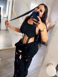 PANTALON  SPIRAL  Liso    Casual  Dulce  Elegante  Sexy    Mezclilla    Cremallera  Encaje en contraste  Botón    Noche de fiesta - Negro - Ver 3